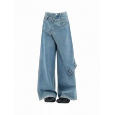 Celana Jeans Wanita Wide Leg Desain Layer Unik - Biru Muda Washed